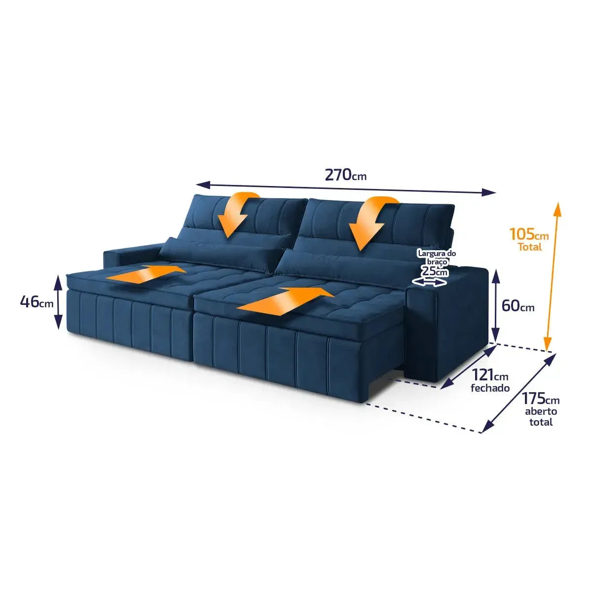 Sofá Retrátil Reclinável Supremo 2,70m Suede Velut Azul Marinho Molas no Assento