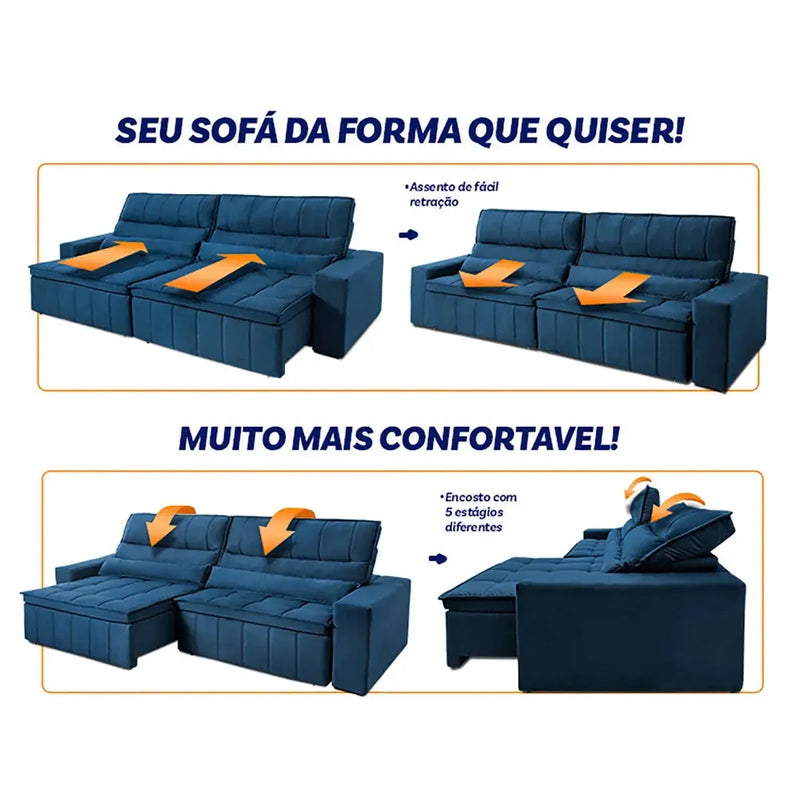 Sofá Retrátil Reclinável Supremo 2,70m Suede Velut Azul Marinho Molas no Assento
