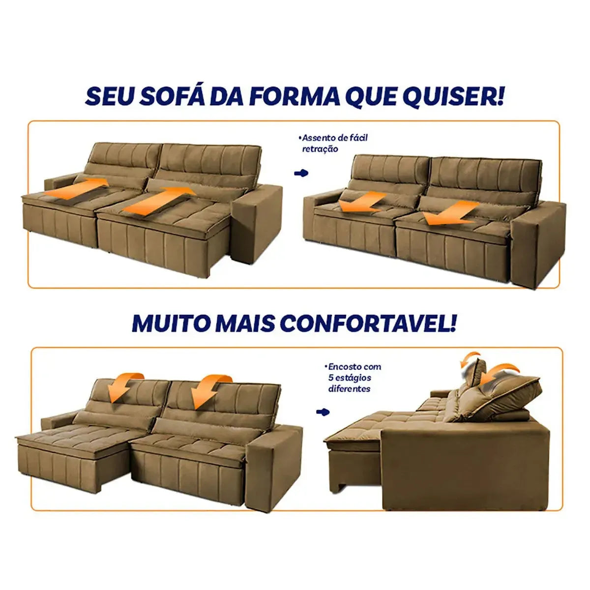 Sofá Retrátil Reclinável Supremo 2,70m Suede Velut Bege Molas no Assento