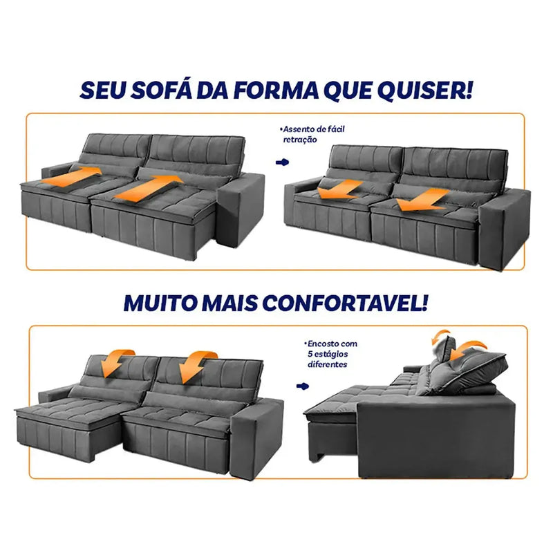 Sofá Retrátil Reclinável Supremo 2,70m Suede Velut Cinza Molas no Assento
