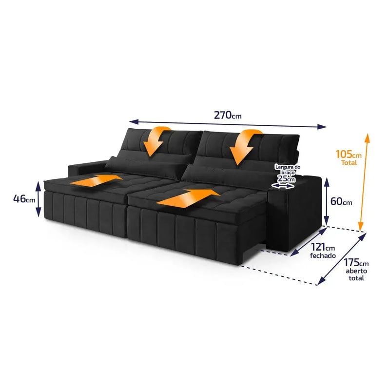Sofá Retrátil Reclinável Supremo 2,70m Suede Velut Preto Molas no Assento