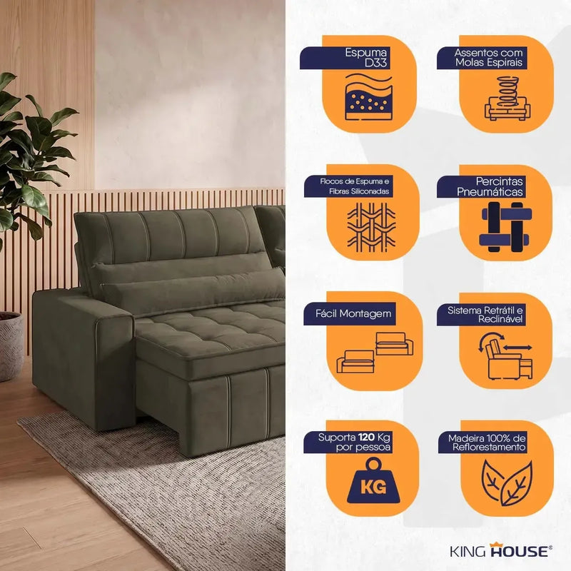 Sofá Retrátil Reclinável Supremo 2,70m Suede Velut Tabaco Molas no Assento