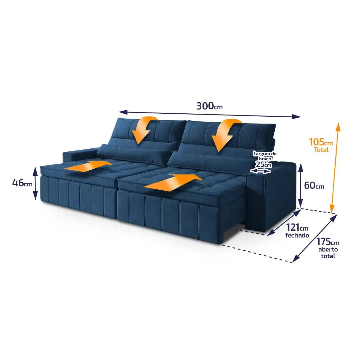 Sofá Retrátil Reclinável Supremo 3,00m Suede Velut Azul Marinho Molas no Assento