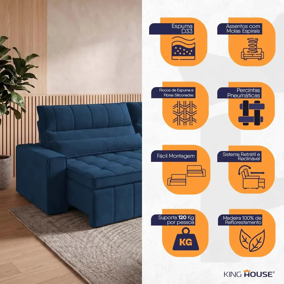 Sofá Retrátil Reclinável Supremo 3,00m Suede Velut Azul Marinho Molas no Assento