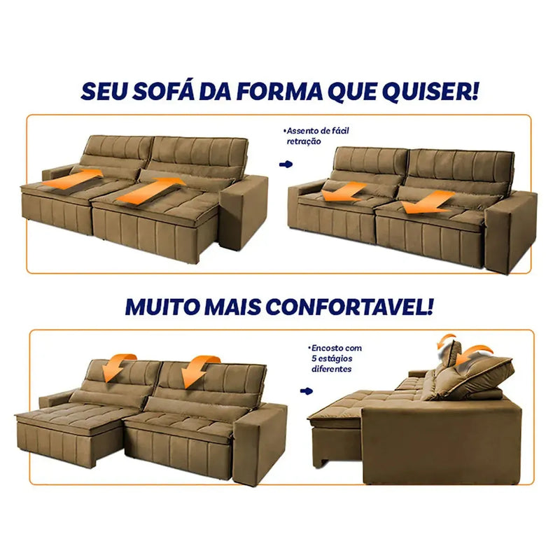 Sofá Retrátil Reclinável Supremo 3,00m Suede Velut Bege Molas no Assento