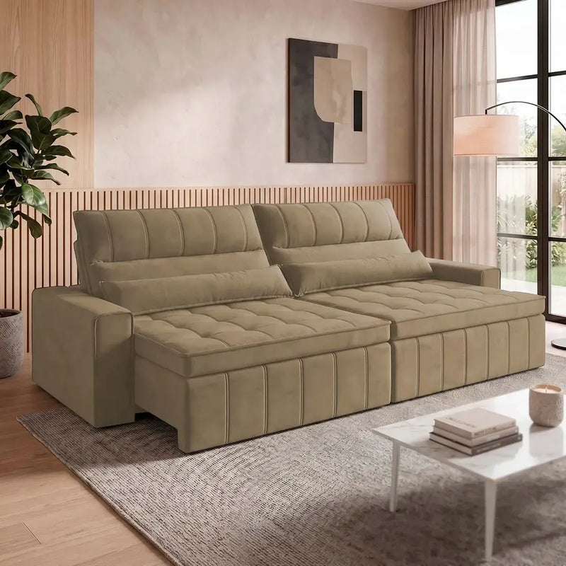 Sofá Retrátil Reclinável Supremo 3,00m Suede Velut Bege Molas no Assento