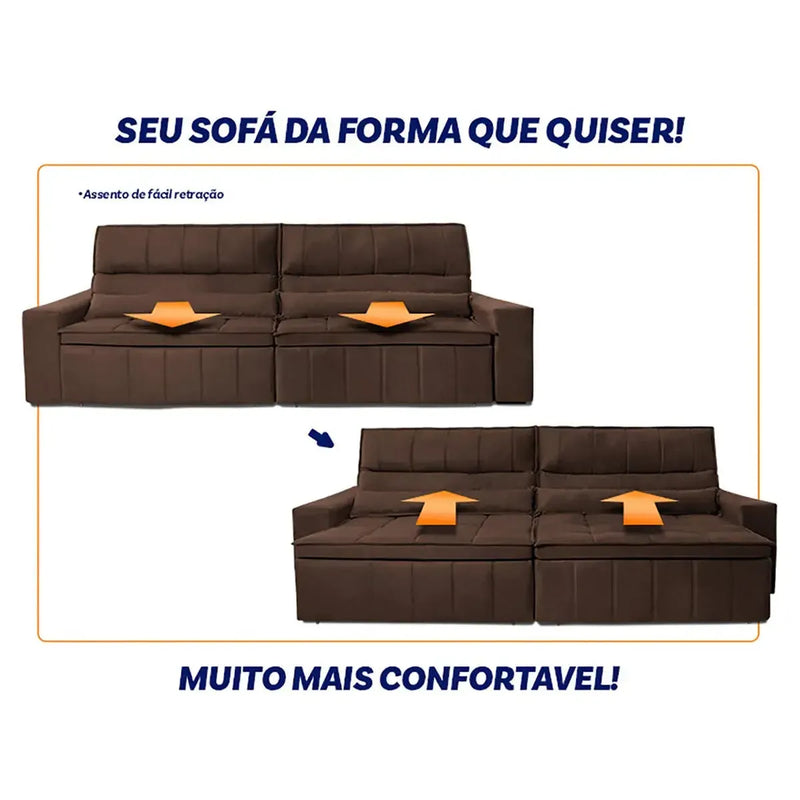 Sofá Retrátil Reclinável Supremo 3,00m Suede Velut Marrom Molas no Assento