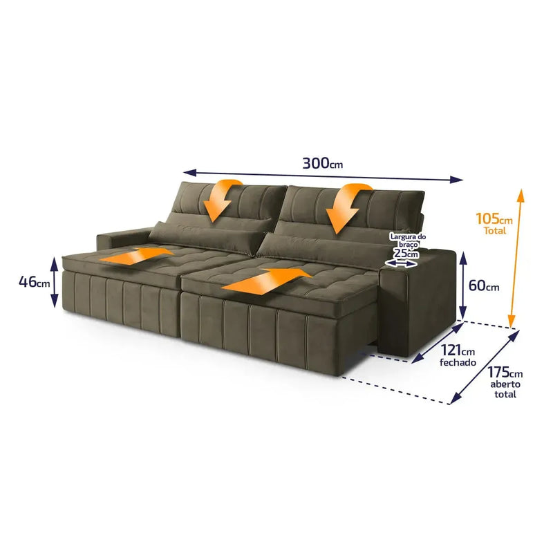 Sofá Retrátil Reclinável Supremo 3,00m Suede Velut Tabaco Molas no Assento