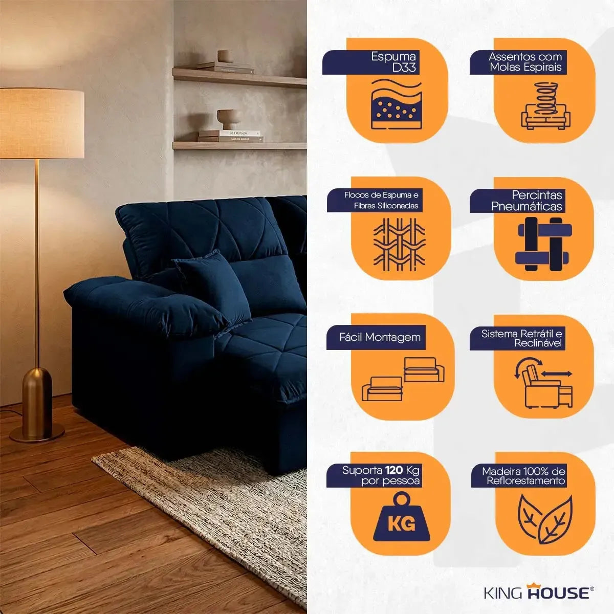 Sofá Retrátil Reclinável Trento 1,50m Suede Velut Azul Molas no Assento