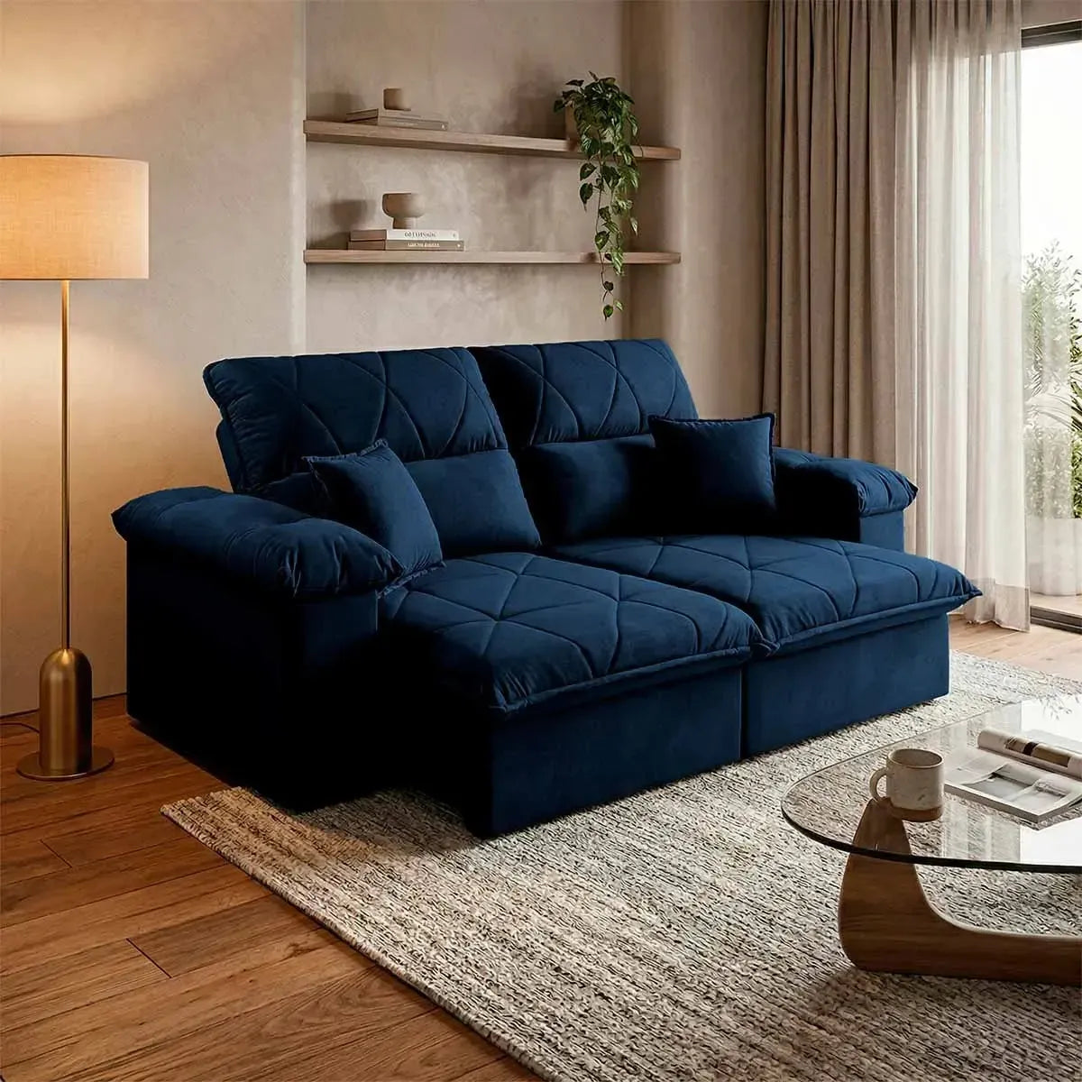 Sofá Retrátil Reclinável Trento 1,50m Suede Velut Azul Molas no Assento