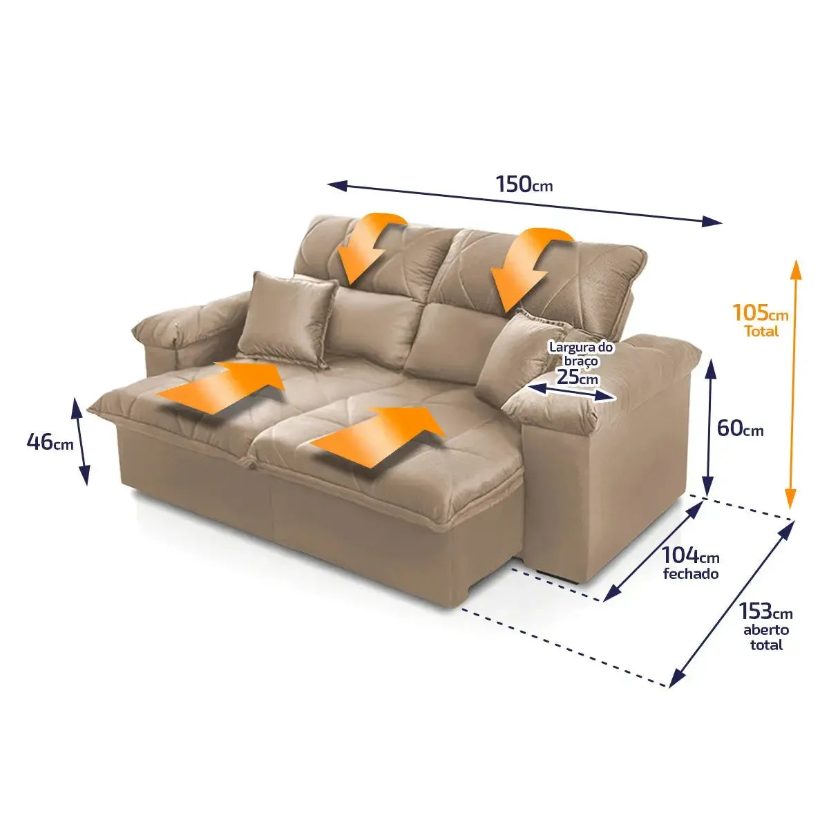 Sofá Retrátil Reclinável Trento 1,50m Suede Velut Bege Molas no Assento
