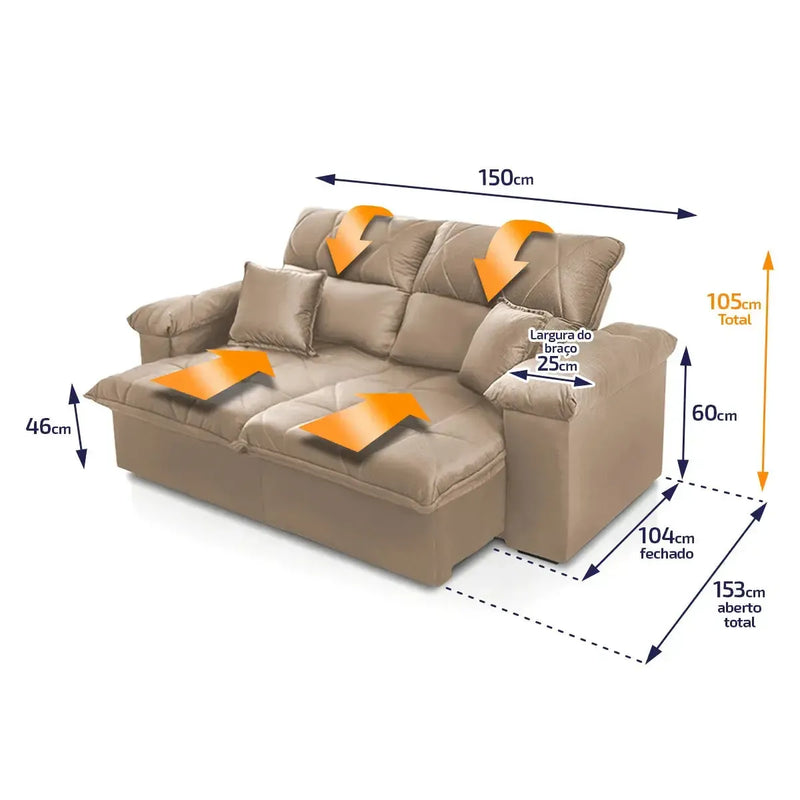 Sofá Retrátil Reclinável Trento 1,50m Suede Velut Bege Molas no Assento