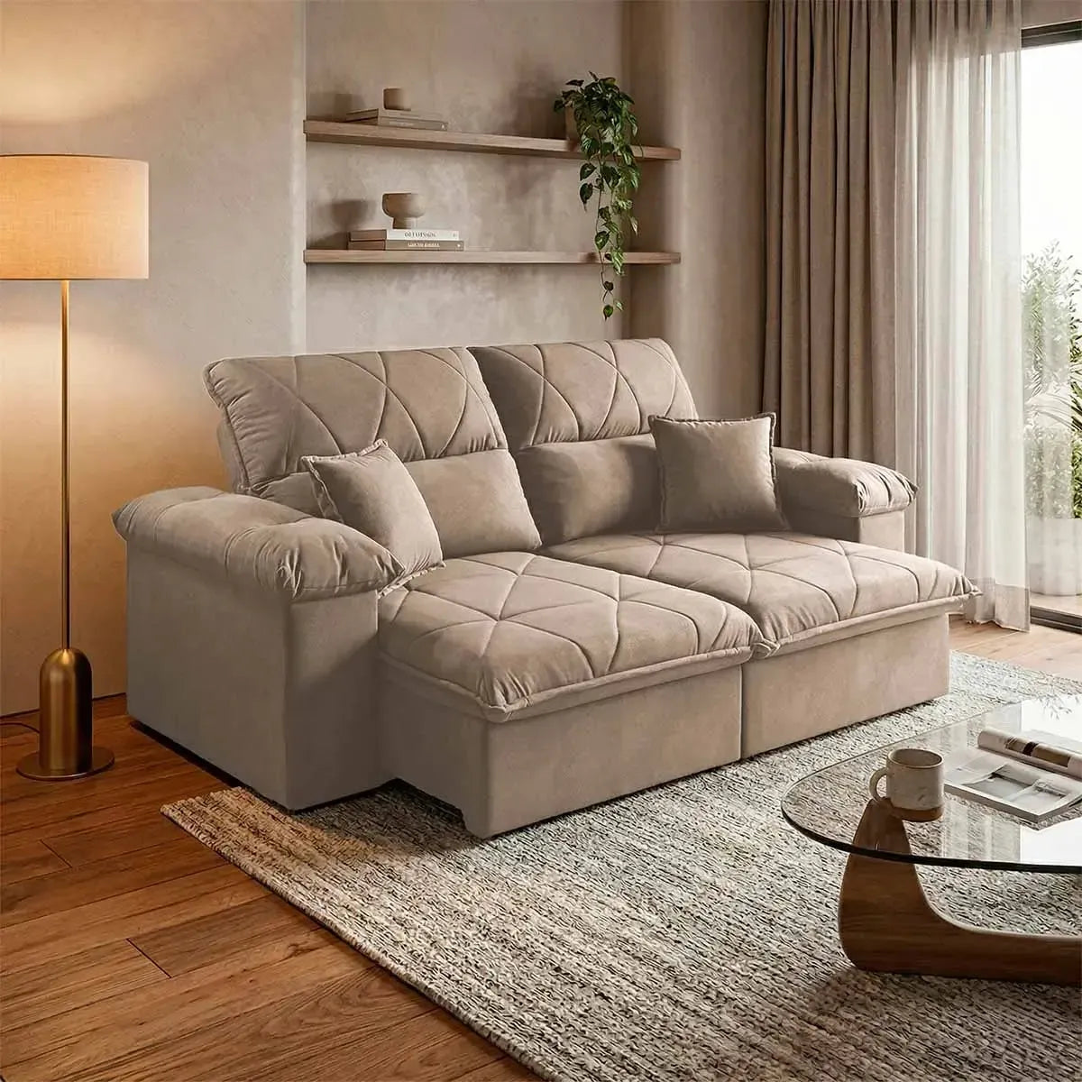 Sofá Retrátil Reclinável Trento 1,50m Suede Velut Bege Molas no Assento