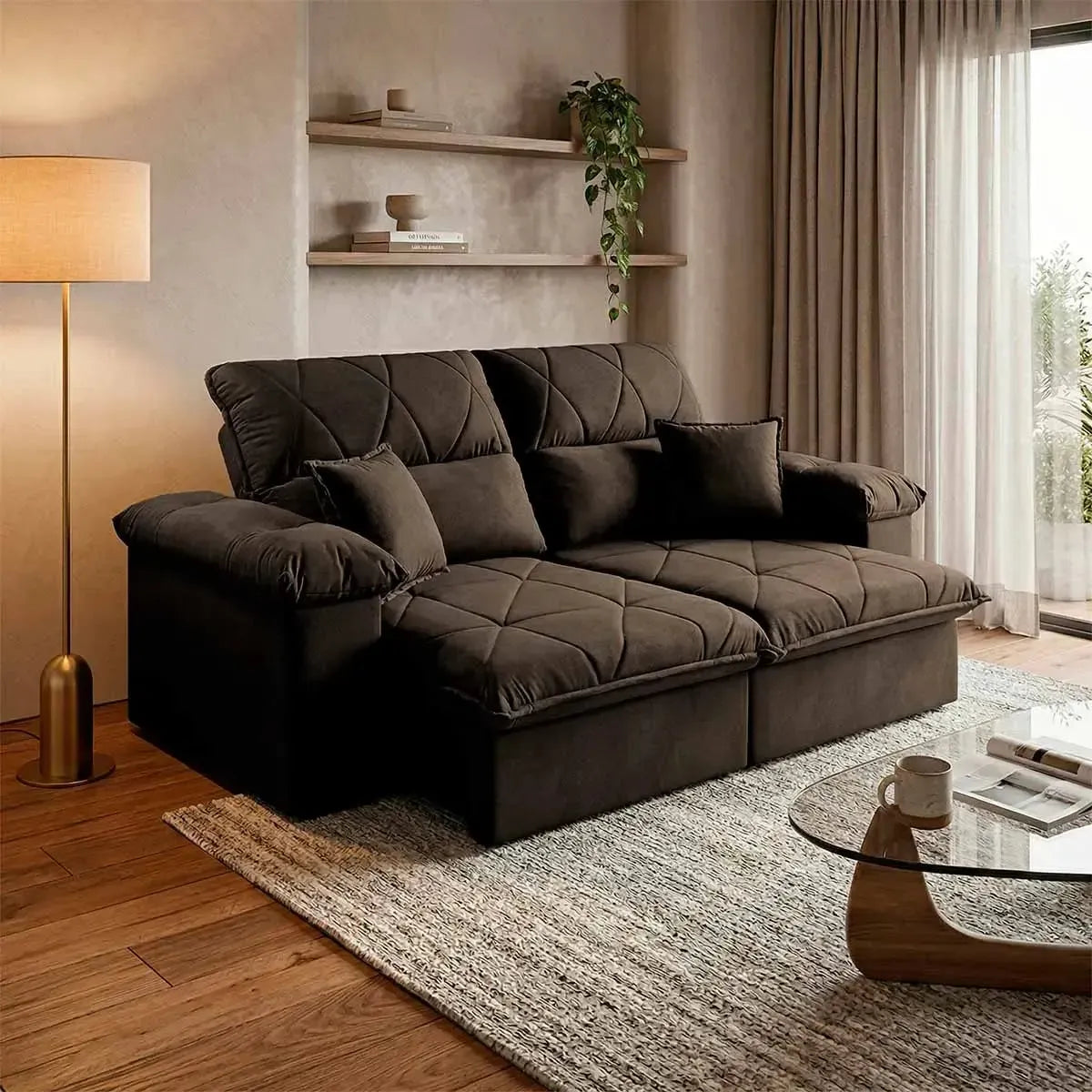 Sofá Retrátil Reclinável Trento 1,50m Suede Velut Marrom Molas no Assento