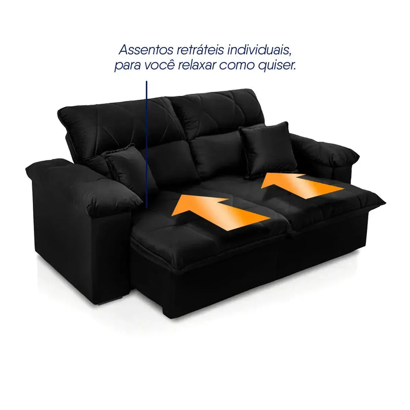 Sofá Retrátil Reclinável Trento 1,50m Suede Velut Preto  Molas no Assento