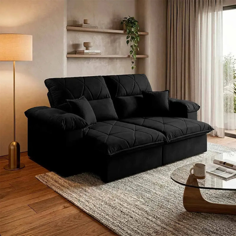 Sofá Retrátil Reclinável Trento 1,50m Suede Velut Preto  Molas no Assento