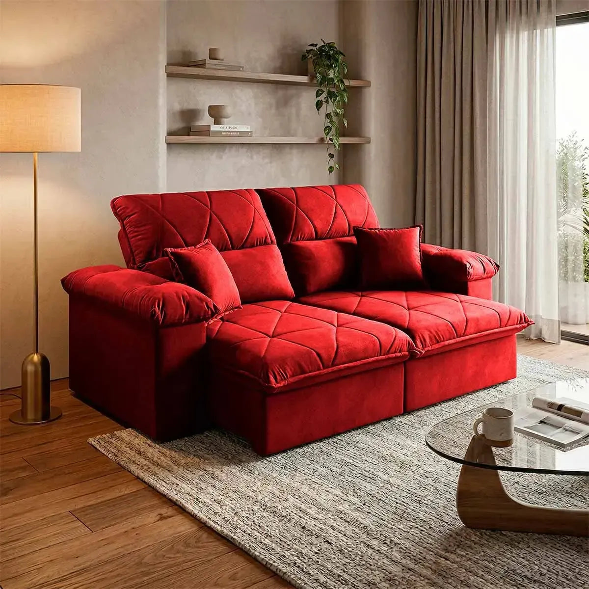 Sofá Retrátil Reclinável Trento 1,50m Suede Velut Vermelho Molas no Assento