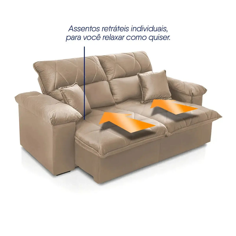 Sofá Retrátil Reclinável Trento 1,80m Suede Velut Bege Molas no Assento