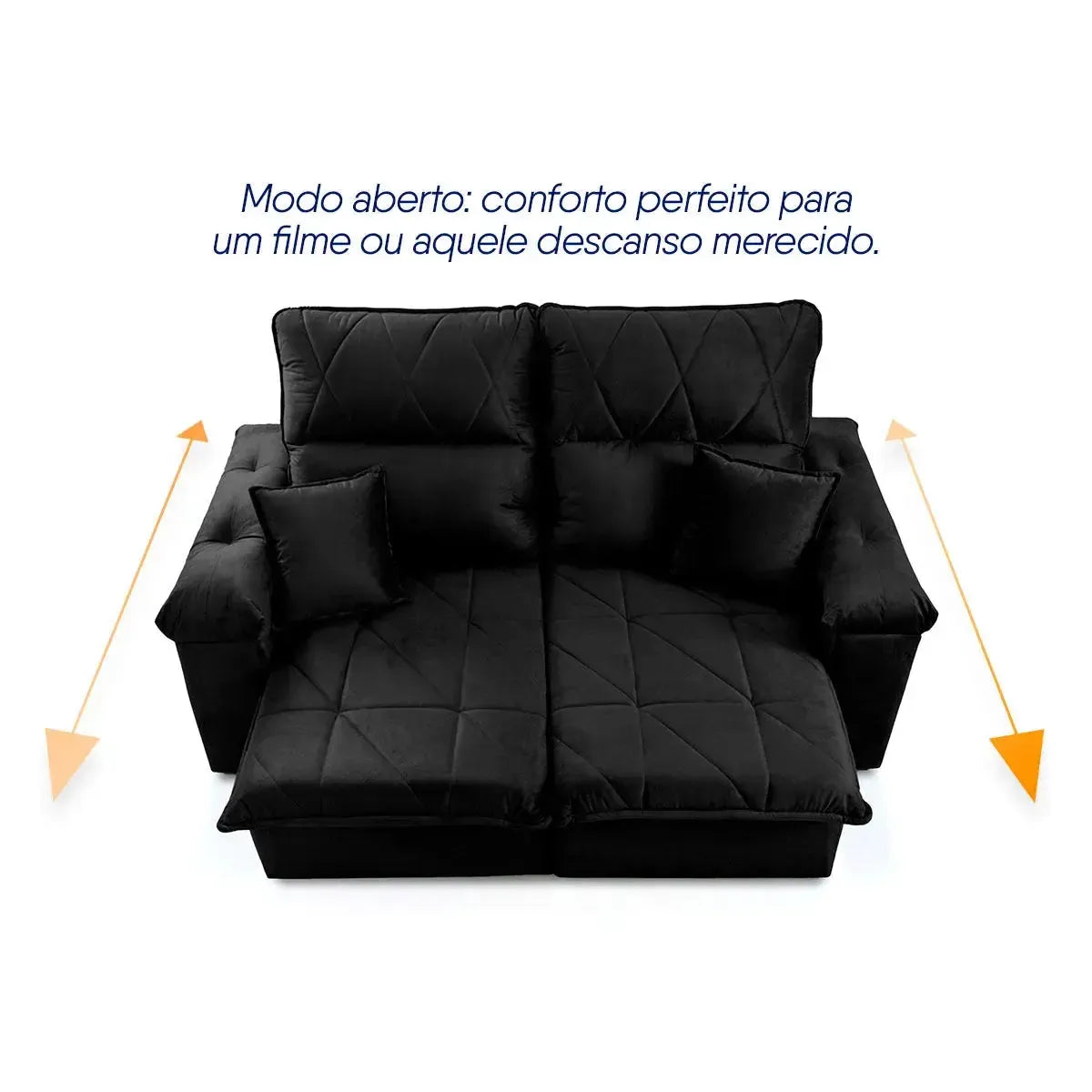 Sofá Retrátil Reclinável Trento 1,80m Suede Velut Preto  Molas no Assento