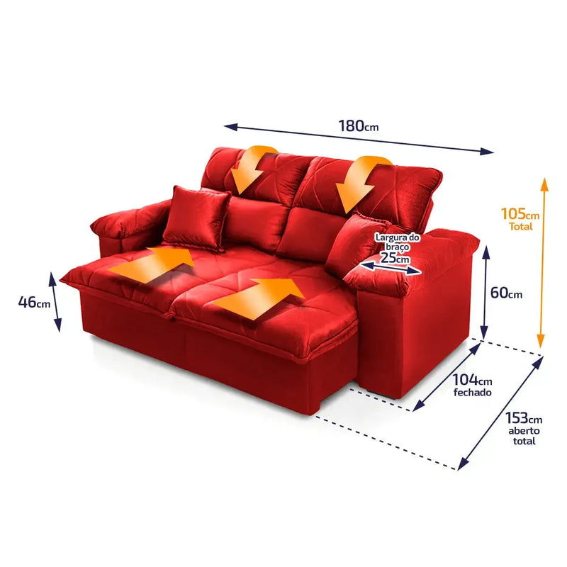 Sofá Retrátil Reclinável Trento 1,80m Suede Velut Vermelho Molas no Assento