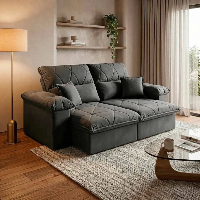 Sofá Retrátil Reclinável Trento 2,00m Suede Velut Cinza Molas no Assento