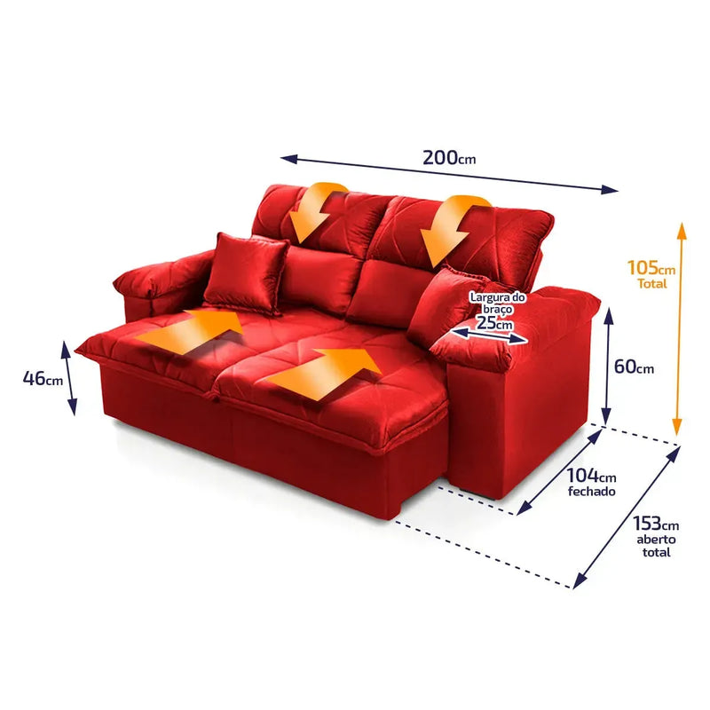 Sofá Retrátil Reclinável Trento 2,00m Suede Velut Vermelho Molas no Assento