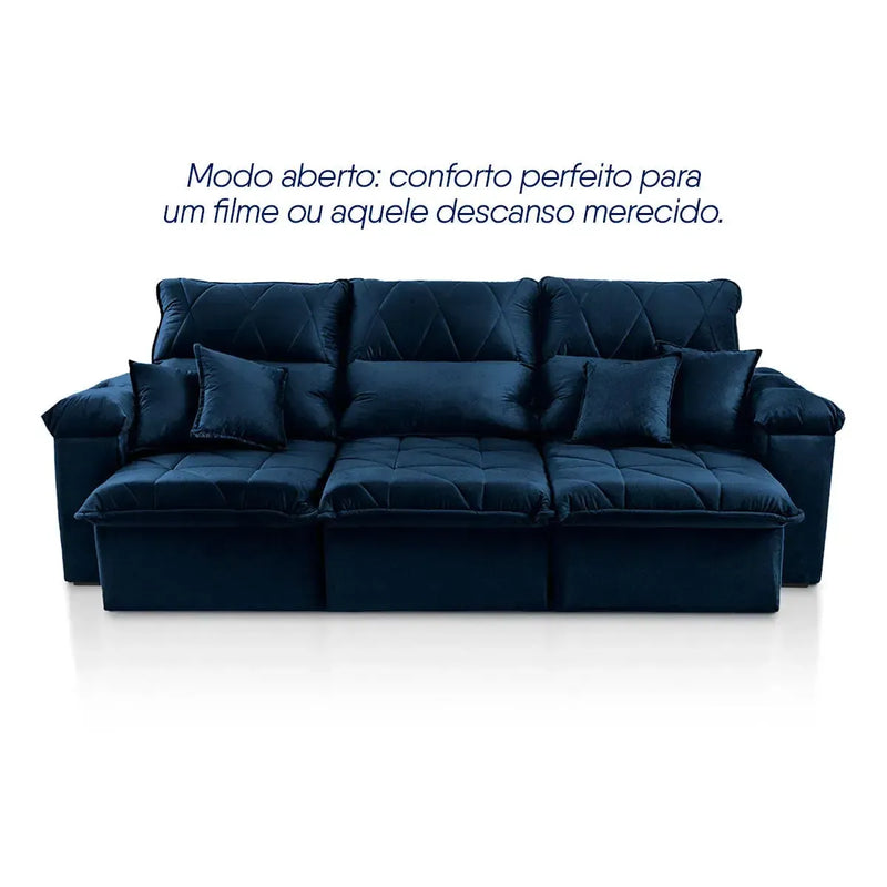 Sofá Retrátil Reclinável Trento 2,30m Suede Velut Azul Molas no Assento