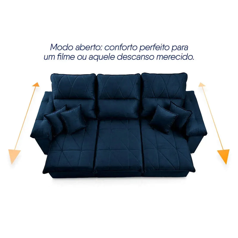 Sofá Retrátil Reclinável Trento 2,30m Suede Velut Azul Molas no Assento