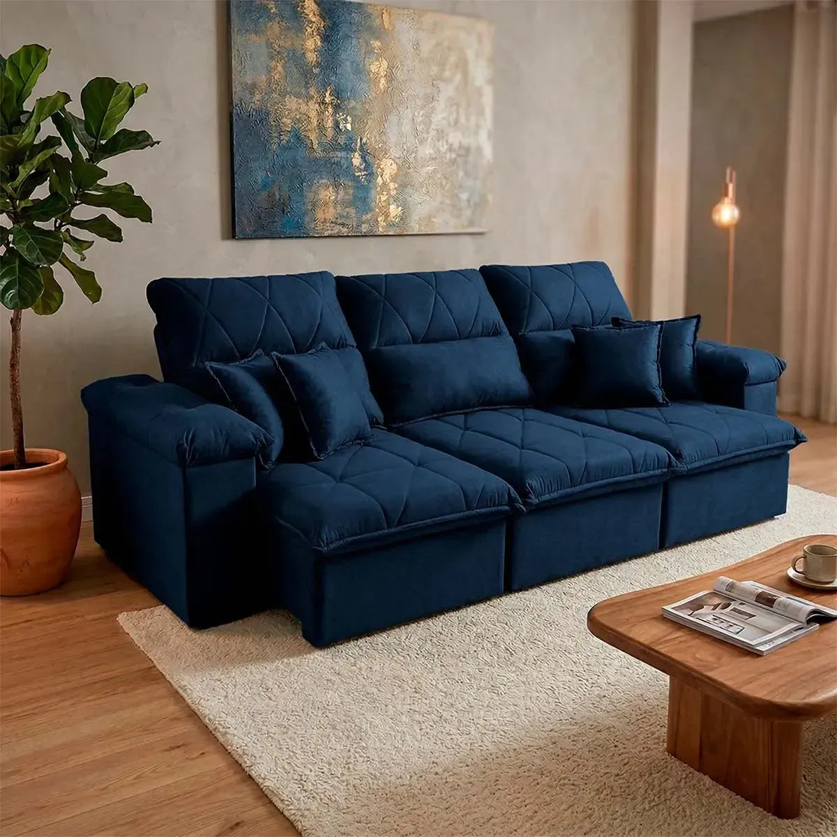 Sofá Retrátil Reclinável Trento 2,30m Suede Velut Azul Molas no Assento