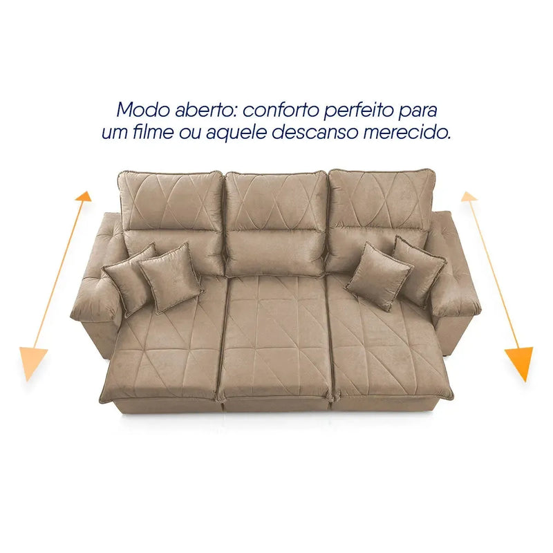 Sofá Retrátil Reclinável Trento 2,30m Suede Velut Bege Molas no Assento