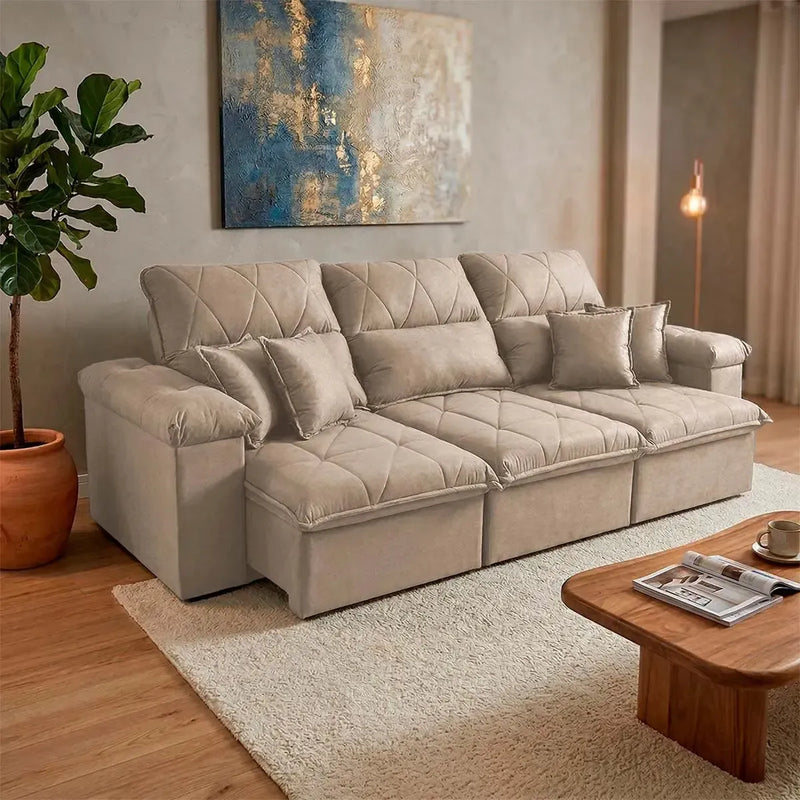 Sofá Retrátil Reclinável Trento 2,30m Suede Velut Bege Molas no Assento
