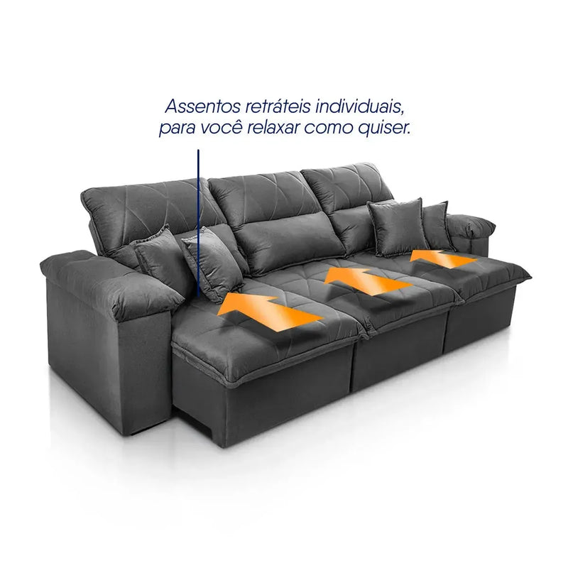 Sofá Retrátil Reclinável Trento 2,30m Suede Velut Cinza Molas no Assento