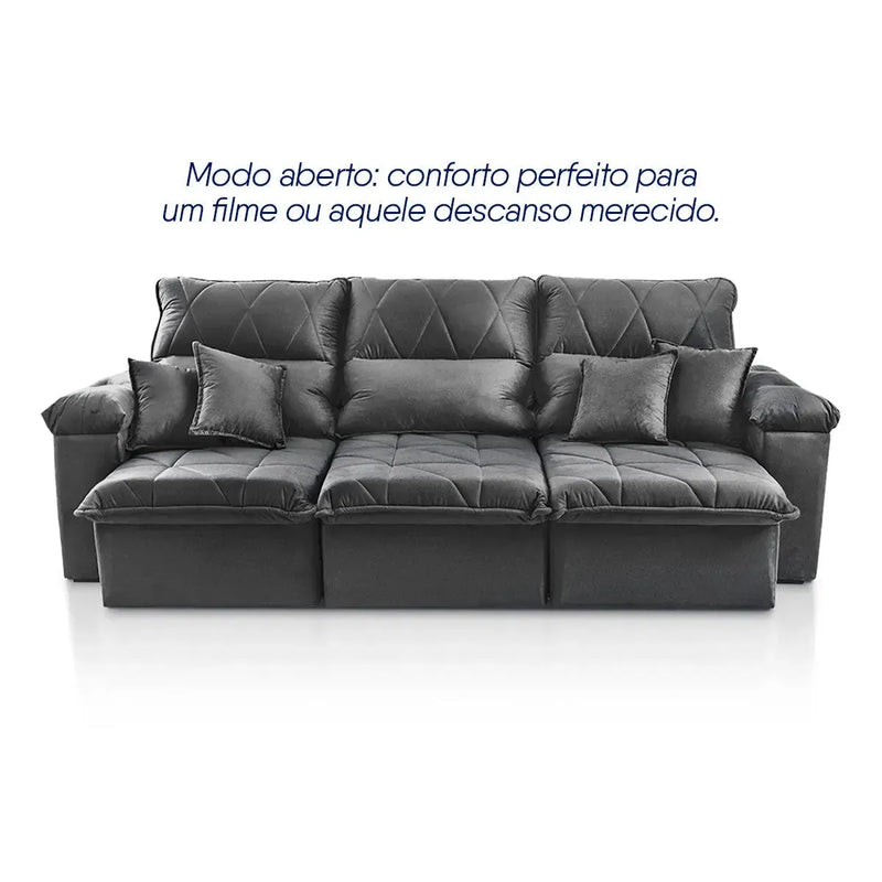 Sofá Retrátil Reclinável Trento 2,30m Suede Velut Cinza Molas no Assento