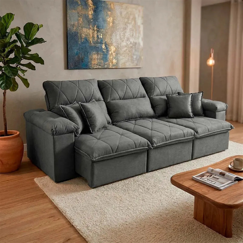 Sofá Retrátil Reclinável Trento 2,30m Suede Velut Cinza Molas no Assento