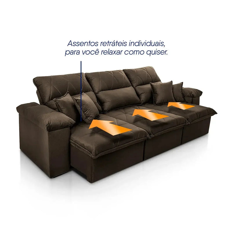Sofá Retrátil Reclinável Trento 2,30m Suede Velut Marrom Molas no Assento