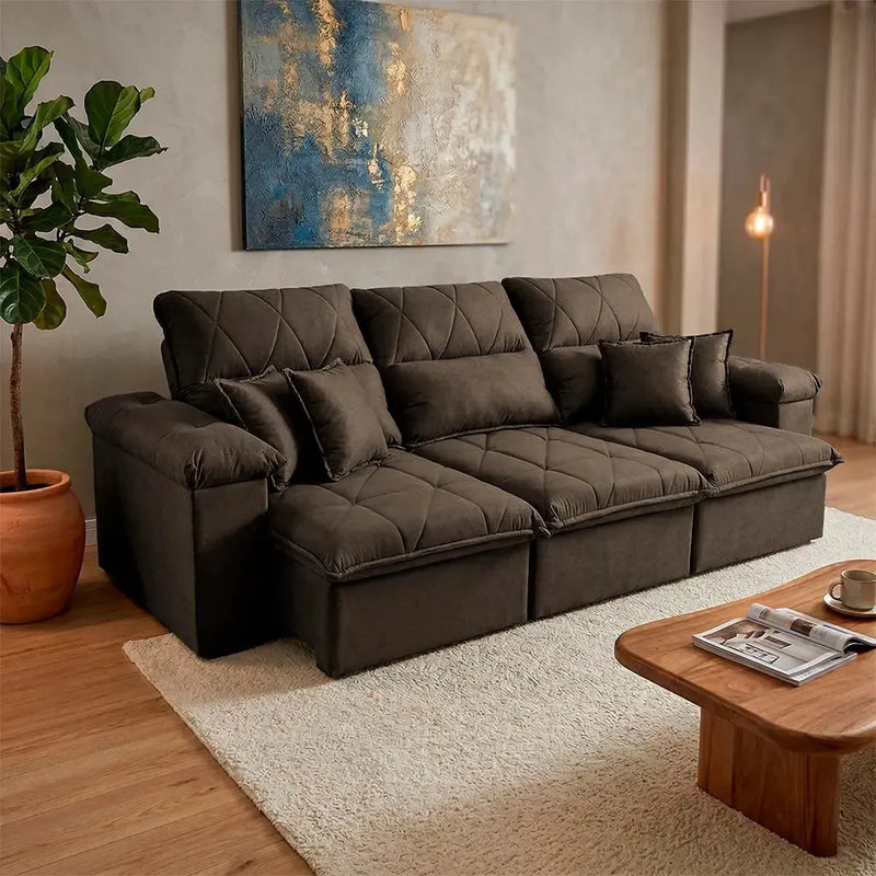 Sofá Retrátil Reclinável Trento 2,30m Suede Velut Marrom Molas no Assento