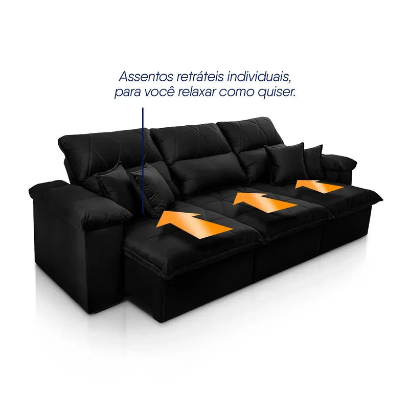 Sofá Retrátil Reclinável Trento 2,30m Suede Velut Preto Molas no Assento