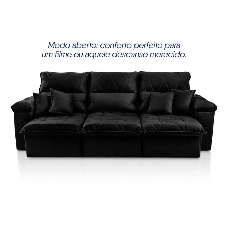 Sofá Retrátil Reclinável Trento 2,30m Suede Velut Preto Molas no Assento