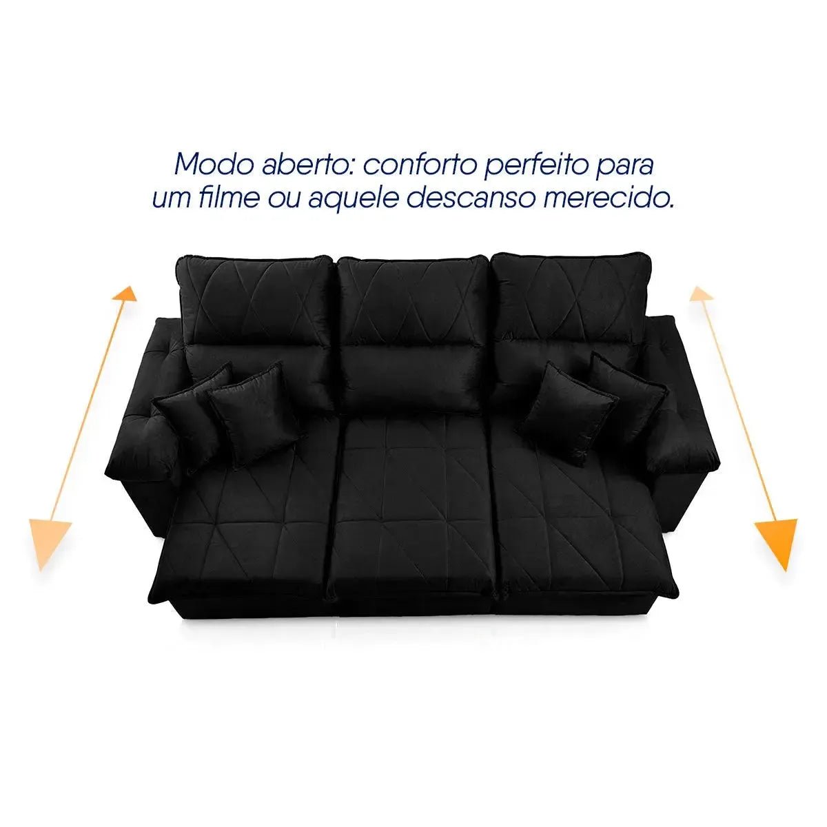 Sofá Retrátil Reclinável Trento 2,30m Suede Velut Preto Molas no Assento