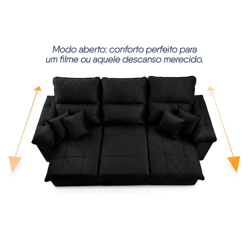 Sofá Retrátil Reclinável Trento 2,30m Suede Velut Preto Molas no Assento