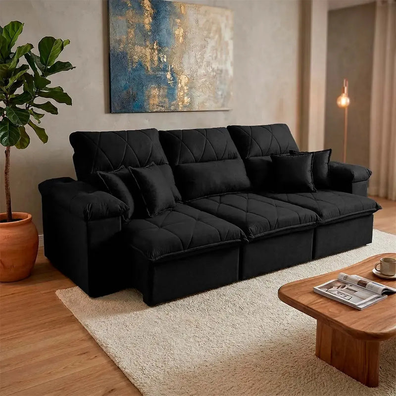 Sofá Retrátil Reclinável Trento 2,30m Suede Velut Preto Molas no Assento
