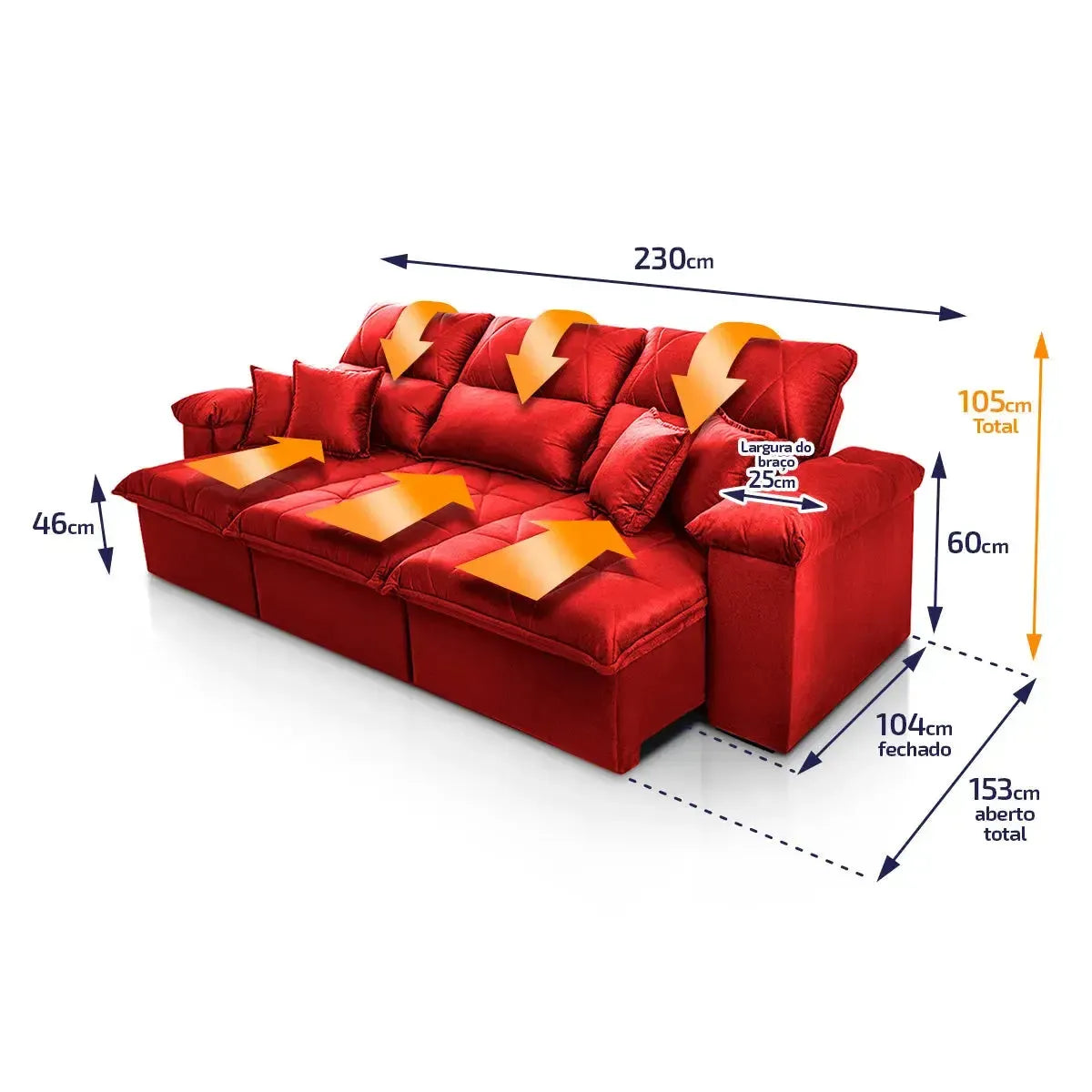 Sofá Retrátil Reclinável Trento 2,30m Suede Velut Vermelho Molas no Assento