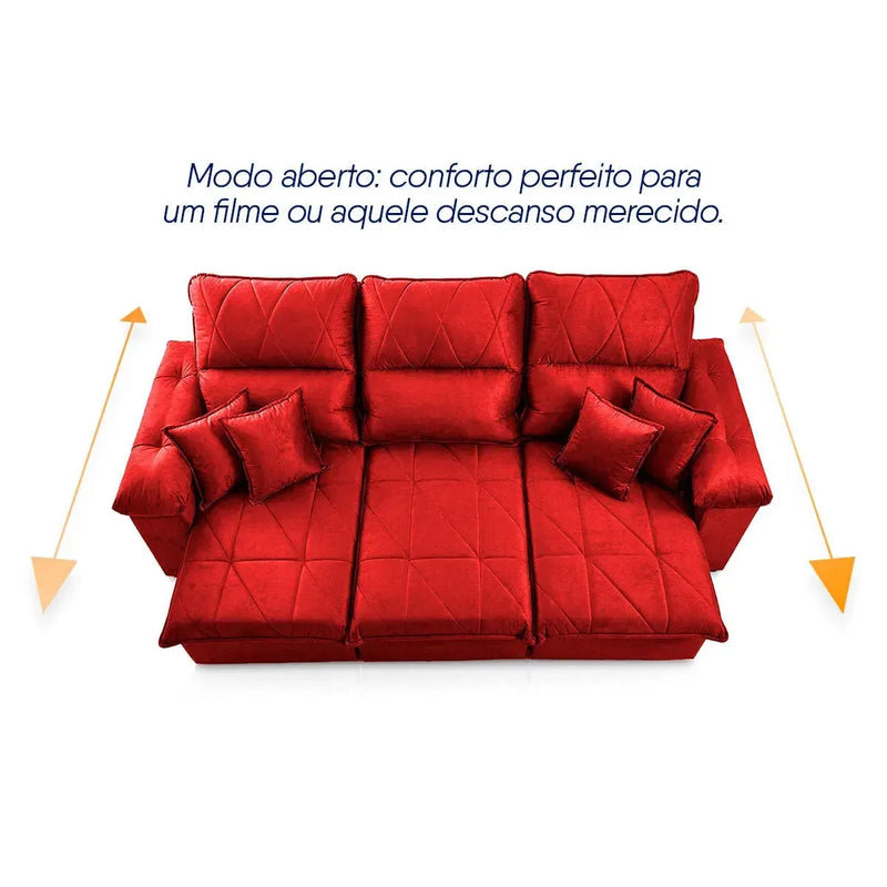 Sofá Retrátil Reclinável Trento 2,30m Suede Velut Vermelho Molas no Assento