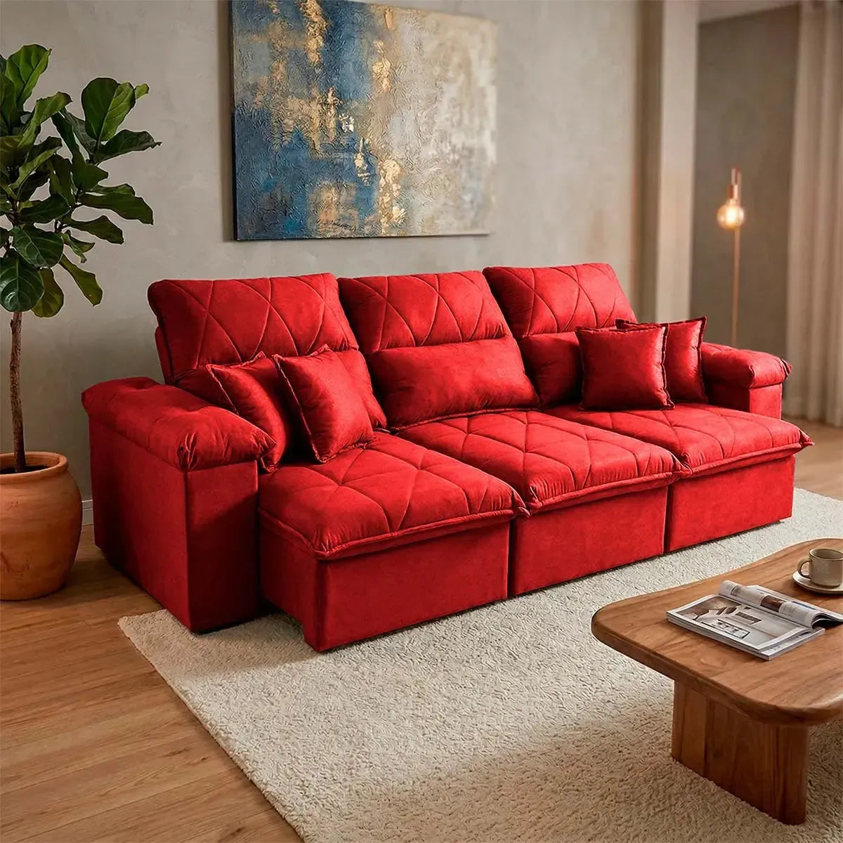 Sofá Retrátil Reclinável Trento 2,30m Suede Velut Vermelho Molas no Assento
