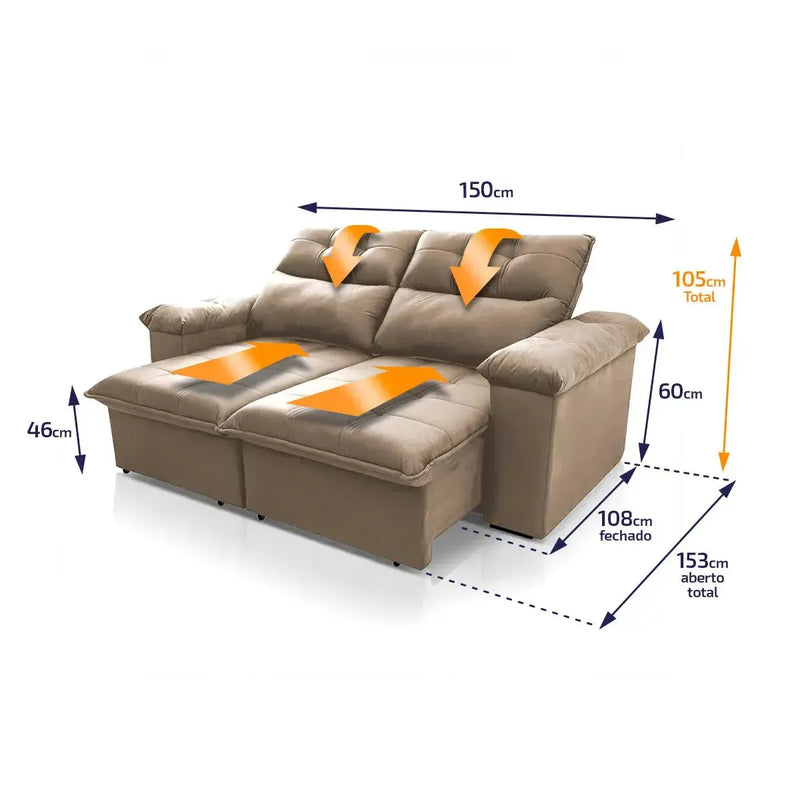 Sofá retrátil reclinável Verona 1,50m em suede velut bege com molas no assento e dimensões detalhadas.