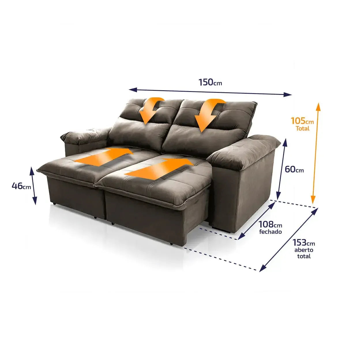 Sofá retrátil reclinável Verona 1,50m em suede velut marrom claro com molas no assento.