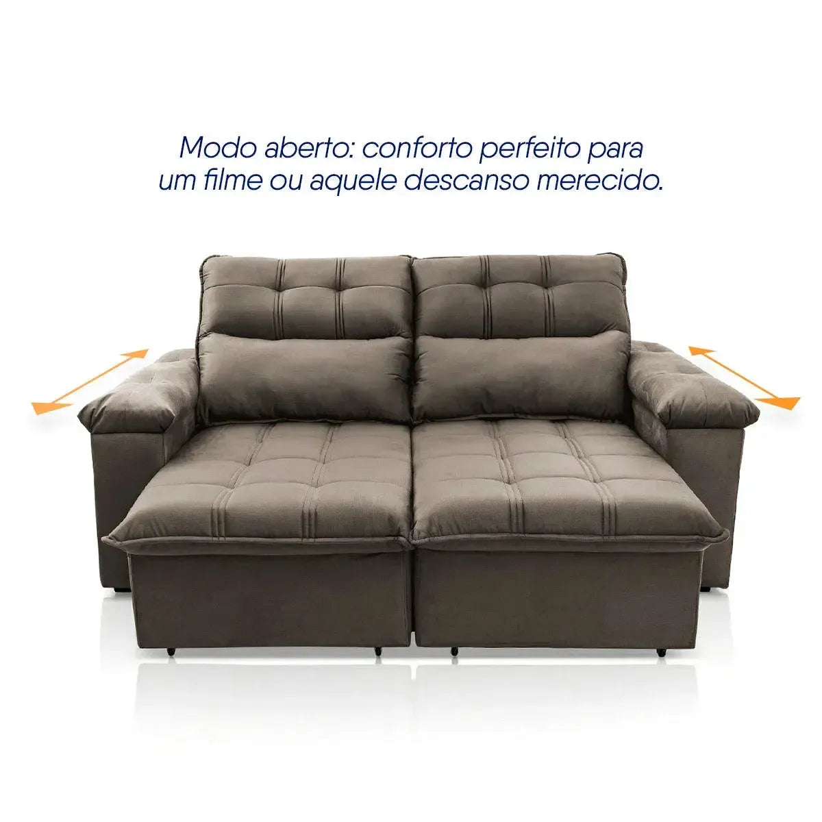 Sofá retrátil reclinável Verona 1,50m em suede velut marrom claro com molas, assento estendido.