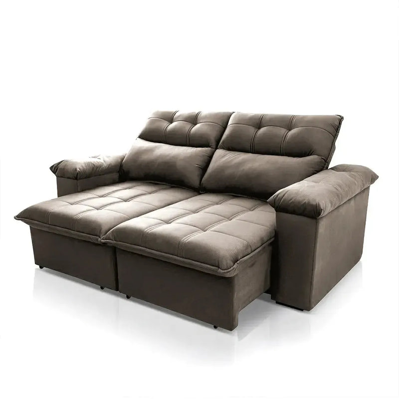 Sofá retrátil reclinável Verona 1,50m em suede velut marrom claro com molas no assento.