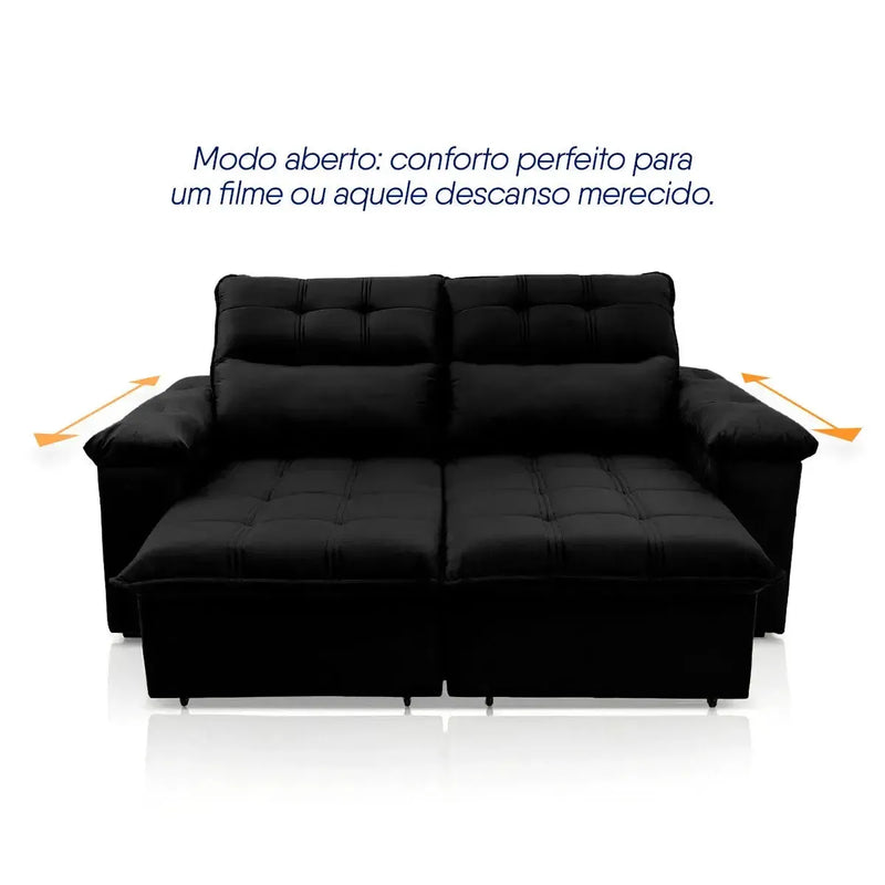 Sofá retrátil reclinável Verona preto em suede velut com assento estendido para conforto.