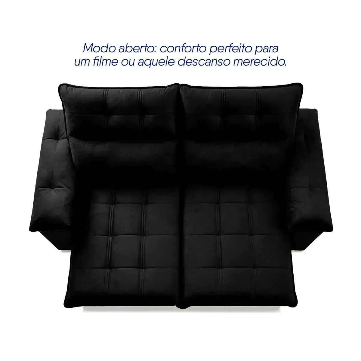 Sofá retrátil reclinável Verona preto em suede velut, com assento estendido e encosto reclinado.